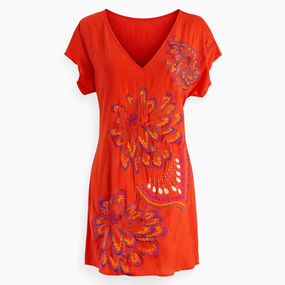 Hale Bob 100% SilkV-Neck Mini Dress with Purple & Orange Beaded Embroidery Sz XS